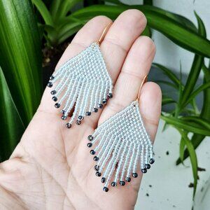 BOGO EARRINGS Blue and chrome beaded fringe dangle earrings, 2.75"